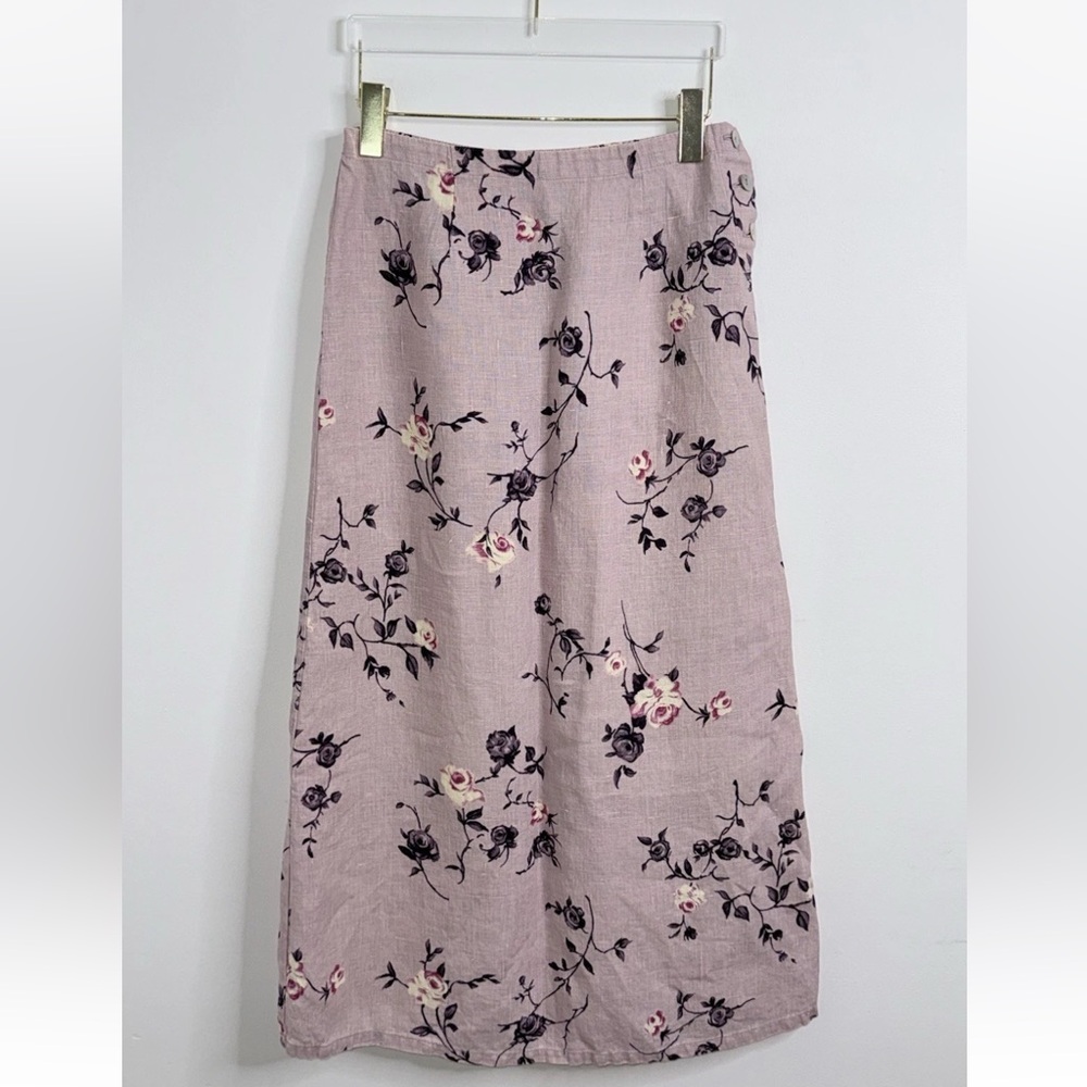 Cut Loose A Line Midi Skirt Sz S Floral Button Artsy Lagenlook 100% Linen Pink